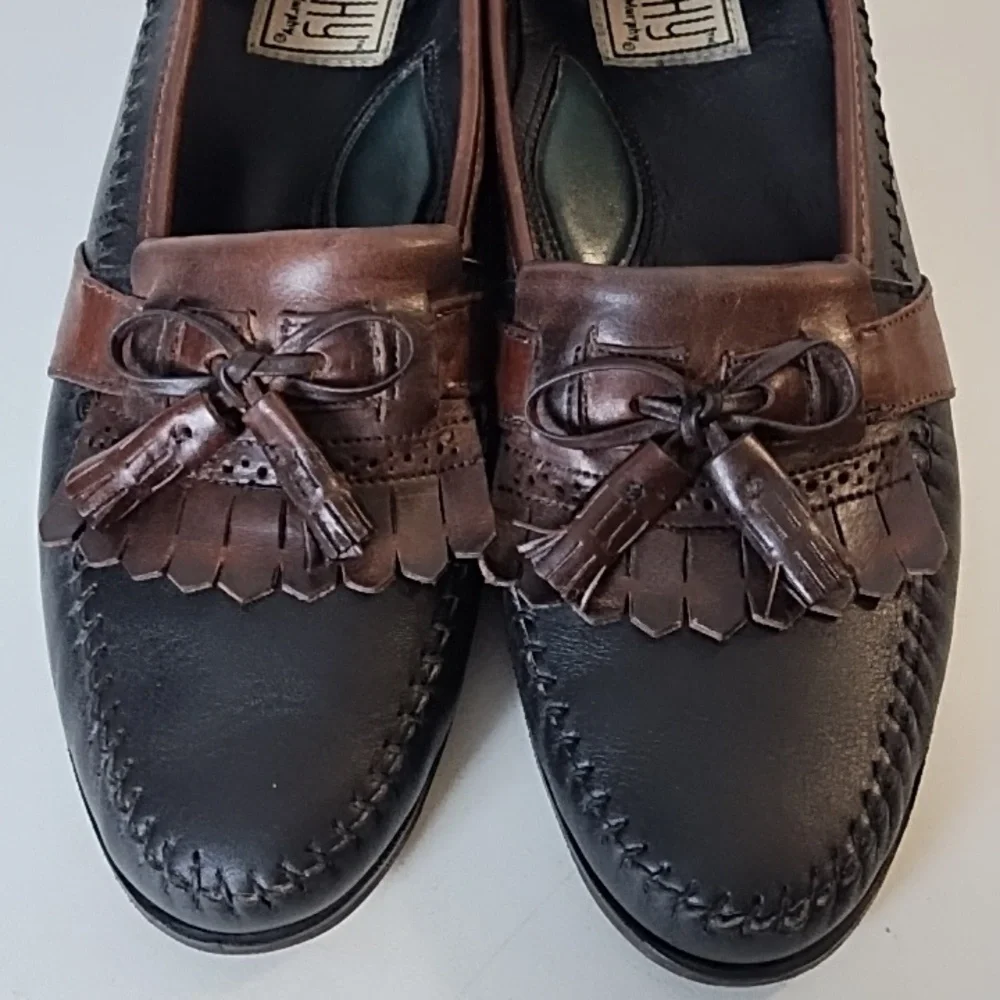 J Murphy Soft Supple Leather Uppers & Soles Black & Brown Tassel Loafers 10N